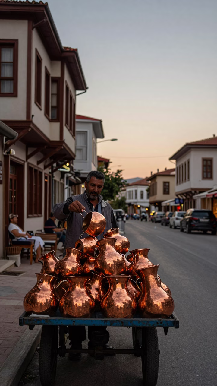 Izmir Turkey Copper Pots Catching Light Before Dusk Realistic Street Scene in in Izmir, Turkey
