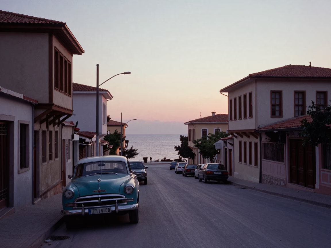 Izmir Turkey Dawn Street Scene with Vintage 1950s Car and Coastal Horizon in in Izmir, Turkey