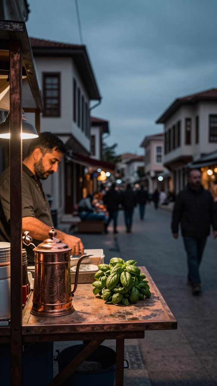 Izmir Turkey Dusk Street Scene with Tea Tin and Basil Leaves in Copper Light in in Izmir, Turkey