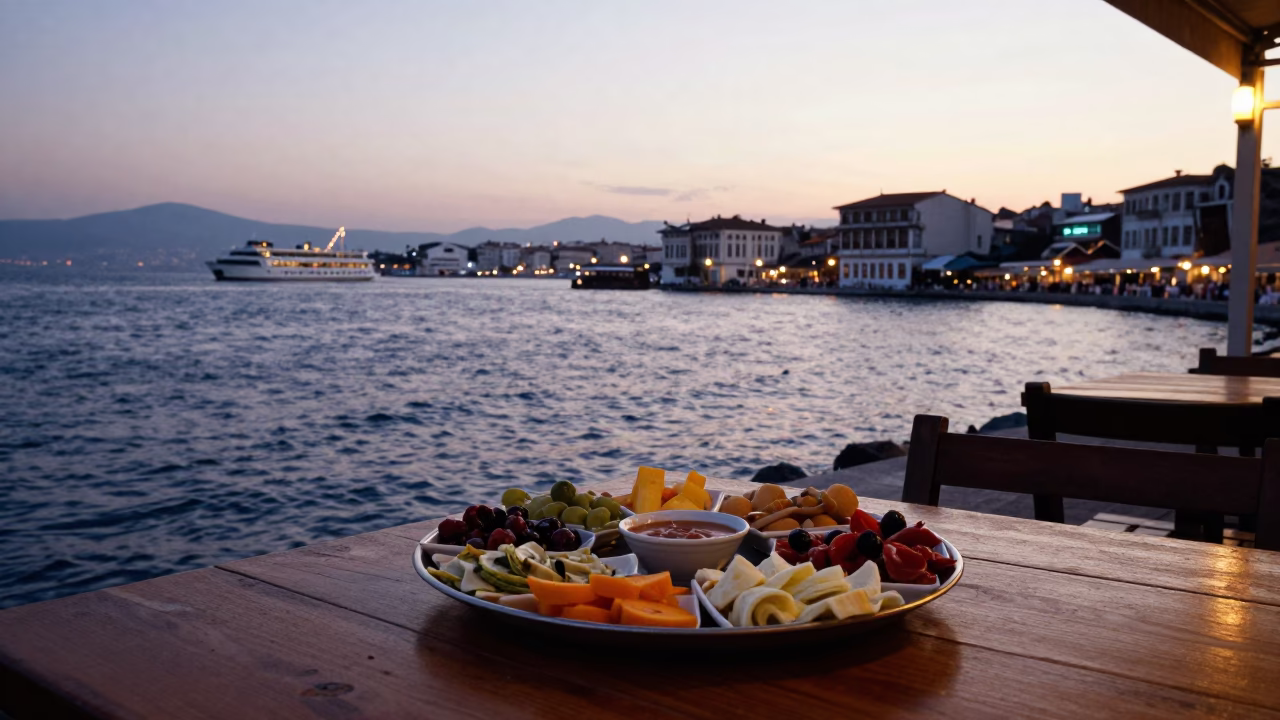 Izmir Turkey early evening harbor scene with mezze platter and locals enjoying coastal sunset in in Izmir, Turkey