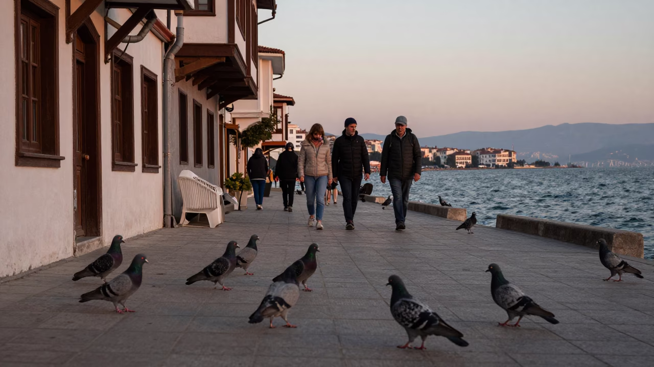 Izmir Turkey Early Evening Street Scene with Pigeons and Coastal Architecture in in Izmir, Turkey