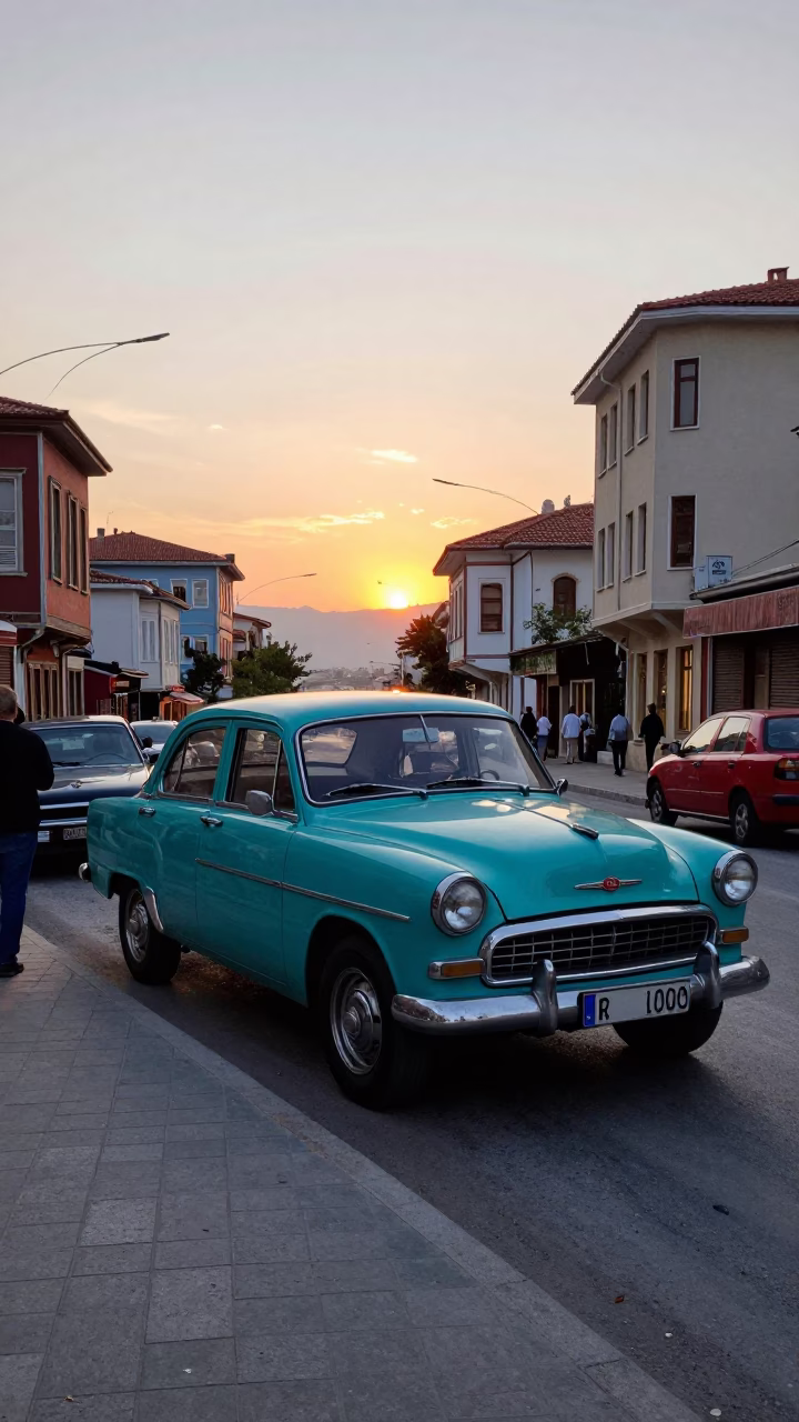 Izmir Turkey Early Evening Street Scene with Vintage 1960s Automobiles and Local Pedestrians in in Izmir, Turkey