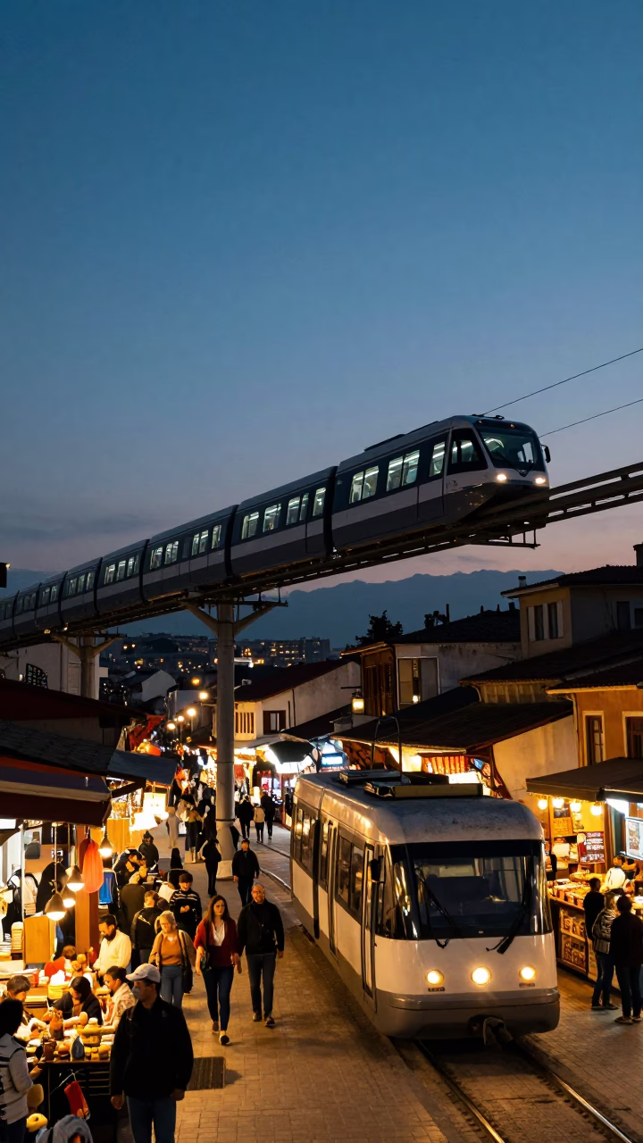 Izmir Turkey Evening Street Scene Monorail Over Kemeralt Bazaar at Blue Hour in in Izmir, Turkey