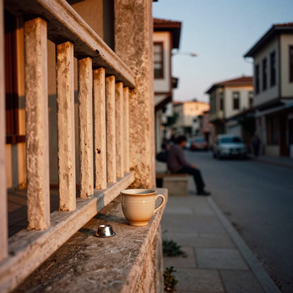 Izmir Turkey Evening Street Scene with Ceramic Cup and Nickel Latch in Honeyed Light in in Izmir, Turkey