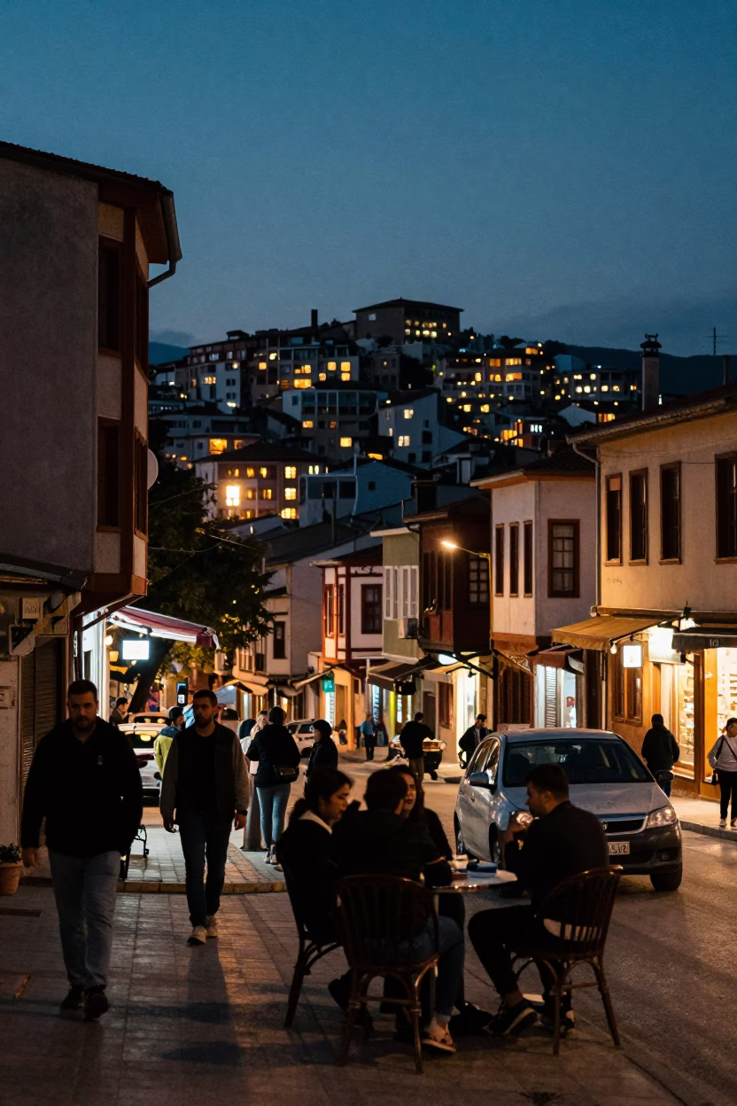 Izmir Turkey Evening Street Scene with Chili Peppers and City Lights Glow in in Izmir, Turkey