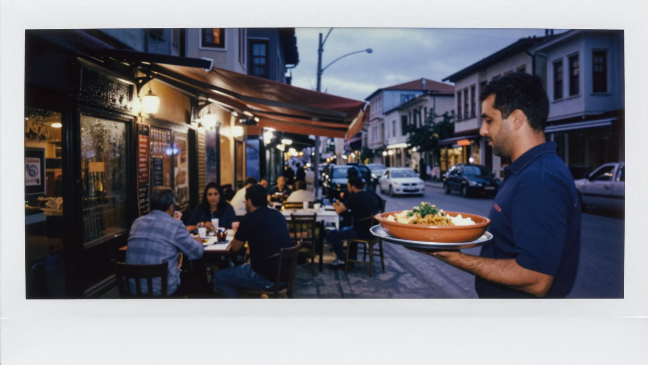 Izmir Turkey Evening Street Scene with Condensation on Glass and Terracotta Bowl in in Izmir, Turkey