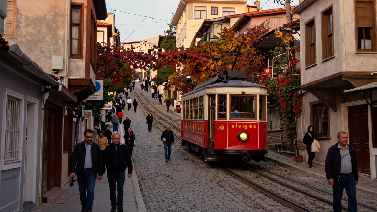 Izmir Turkey Evening Street Scene with Funicular and Urban Life in in Izmir, Turkey