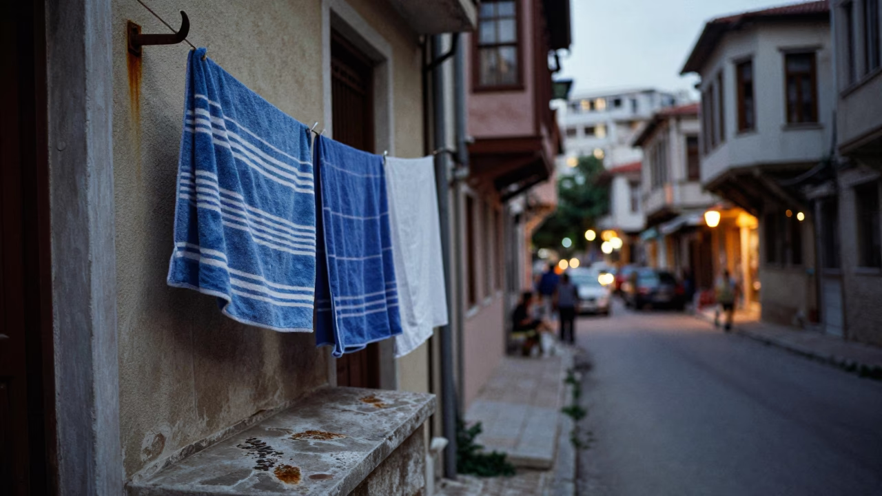 Izmir Turkey Evening Street Scene with Hanging Laundry and City Lights in in Izmir, Turkey