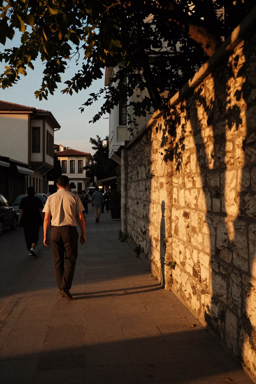 Izmir Turkey Evening Street Scene with Leaf Shadows and Local Life in in Izmir, Turkey