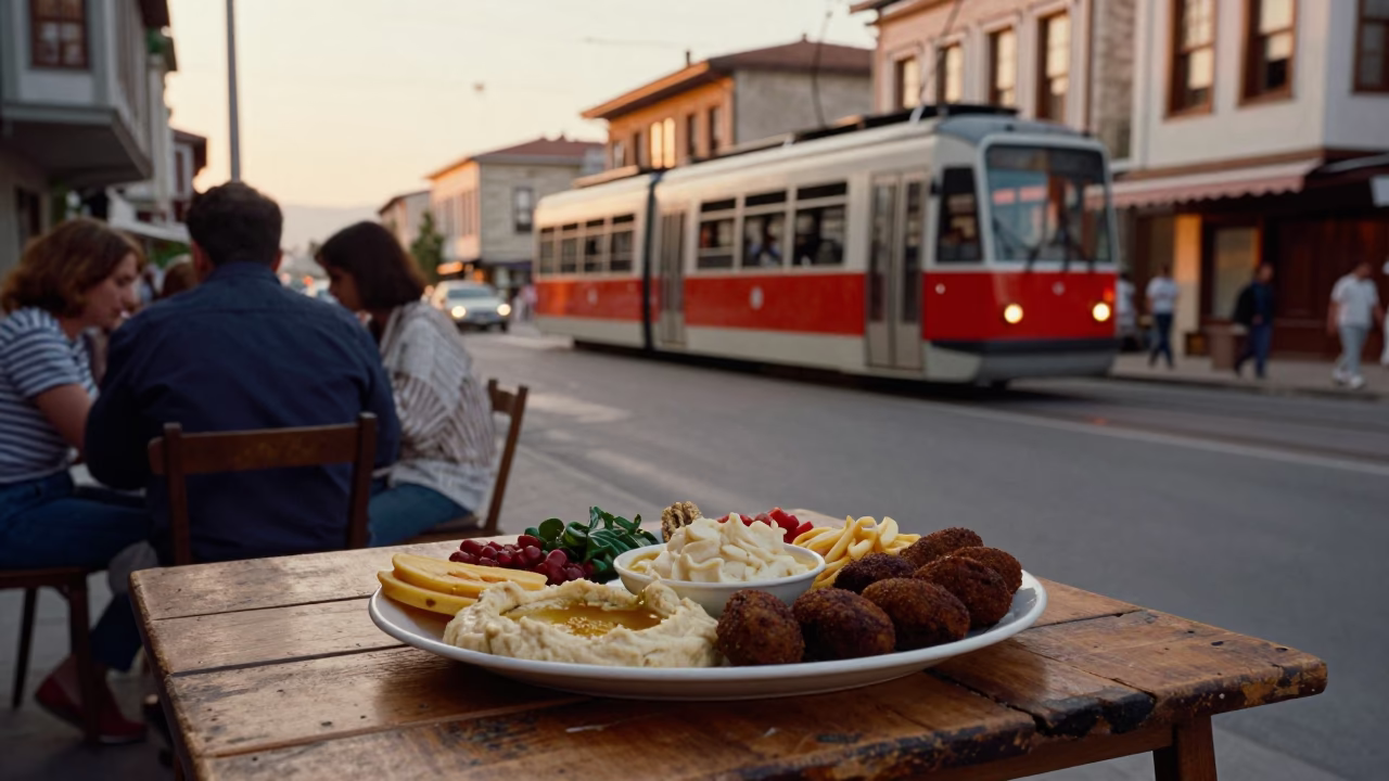 Izmir Turkey Evening Street Scene with Mezze Platter and Funicular Hill View in in Izmir, Turkey