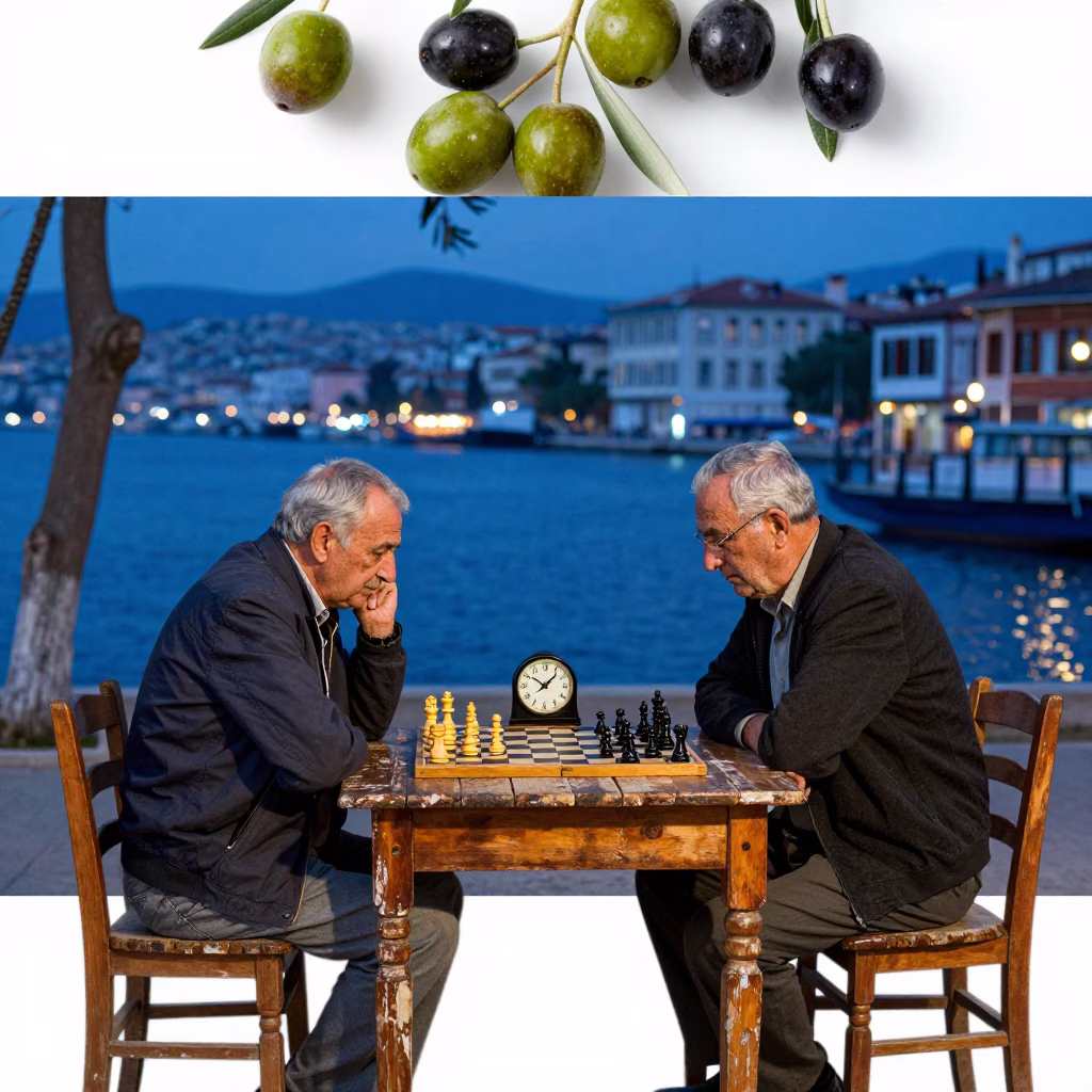 Izmir Turkey Evening Street Scene with Olives and Chess Clock at Cafe in in Izmir, Turkey