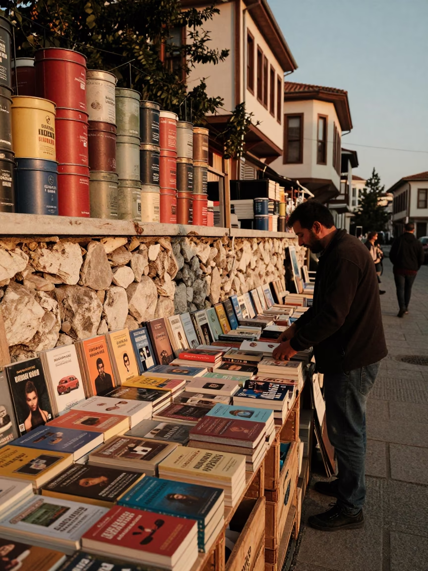Izmir Turkey Evening Street Scene with Paperbacks and Storage Tins in in Izmir, Turkey