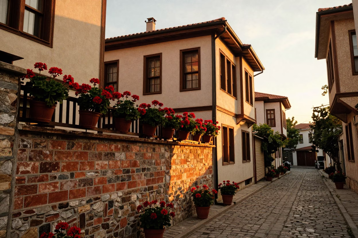 Izmir Turkey Evening Street Scene with Potted Geraniums and Traditional Architecture in in Izmir, Turkey
