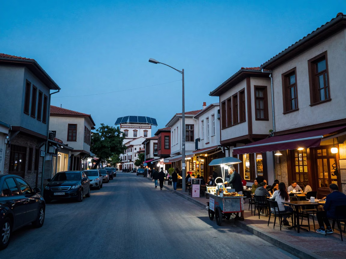 Izmir Turkey Evening Street Scene with Solar Arrays and Local Life in in Izmir, Turkey