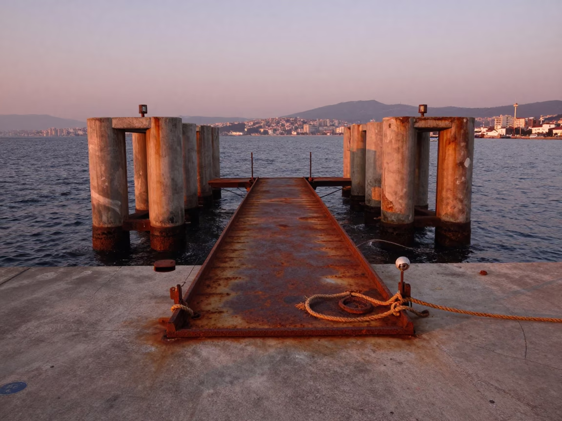 Izmir Turkey Ferry Ramp at Dusk with Rust and Twine Details in in Izmir, Turkey