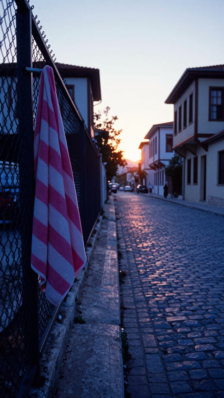 Izmir Turkey First Light Dawn Street Scene with Striped Towel and Turnbuckle in in Izmir, Turkey