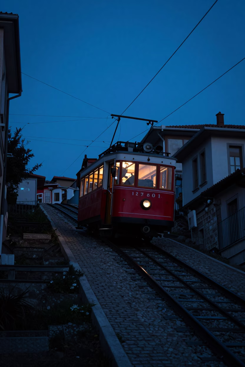 Izmir Turkey Funicular Railway Climbing Steep Hill in Predawn Darkness with Streetlights in in Izmir, Turkey