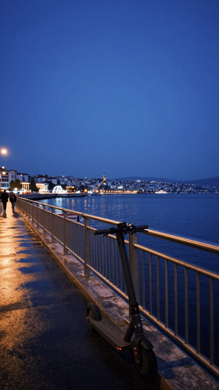 Izmir Turkey Harbor Promenade Twilight Scooter and Coastal Evening Scene in in Izmir, Turkey