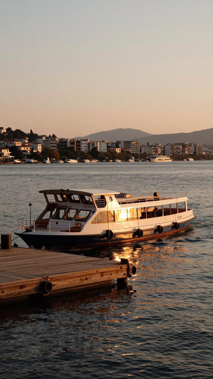 Izmir Turkey Honeyed Evening Water Taxi at Floating Dock Horizon Shot 1990s in in Izmir, Turkey
