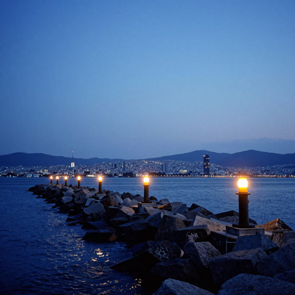 Izmir Turkey Indigo Twilight Coastal Breakwater Warning Beacons and City Lights in in Izmir, Turkey