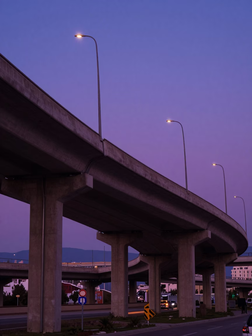 Izmir Turkey indigo twilight overpass interchange ramp slicing violet evening sky in in Izmir, Turkey