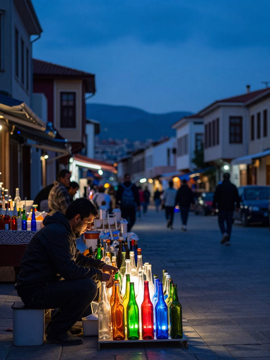 Izmir Turkey Indigo Twilight Street Scene with Colored Glass Bottle and Brushed Steel Edge in in Izmir, Turkey