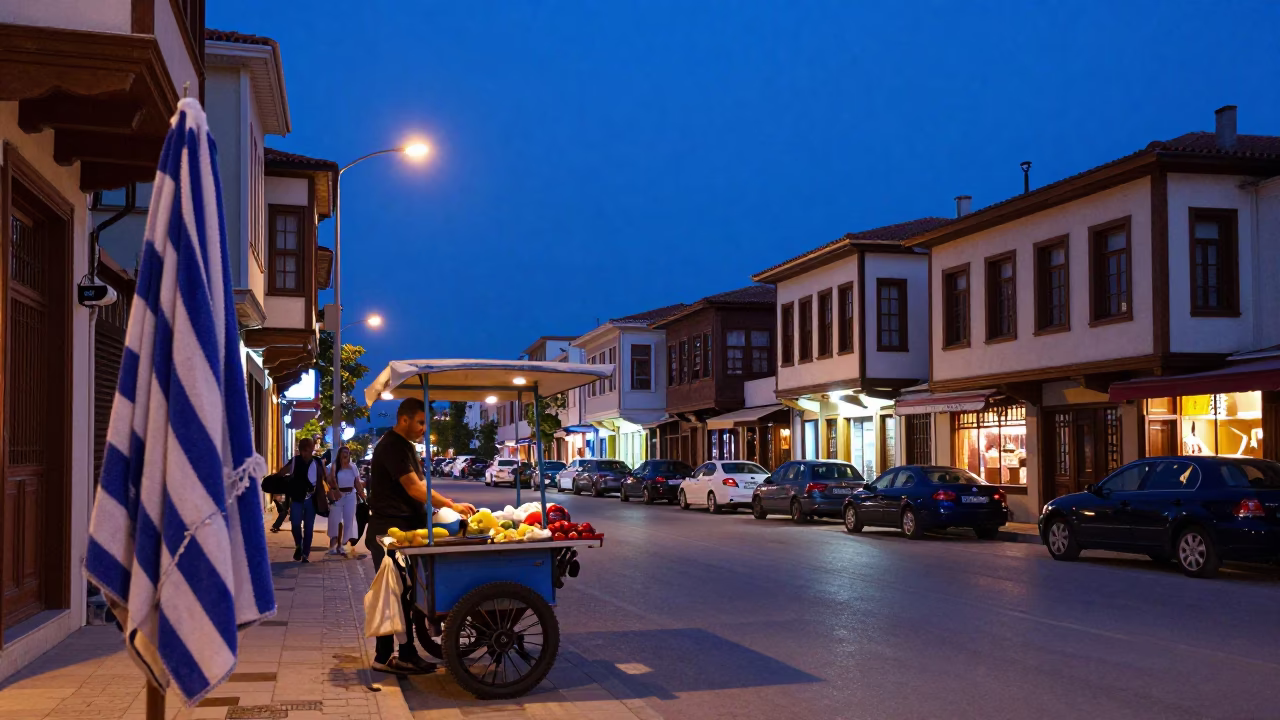 Izmir Turkey indigo twilight street scene with striped towel and fruit bowl in in Izmir, Turkey