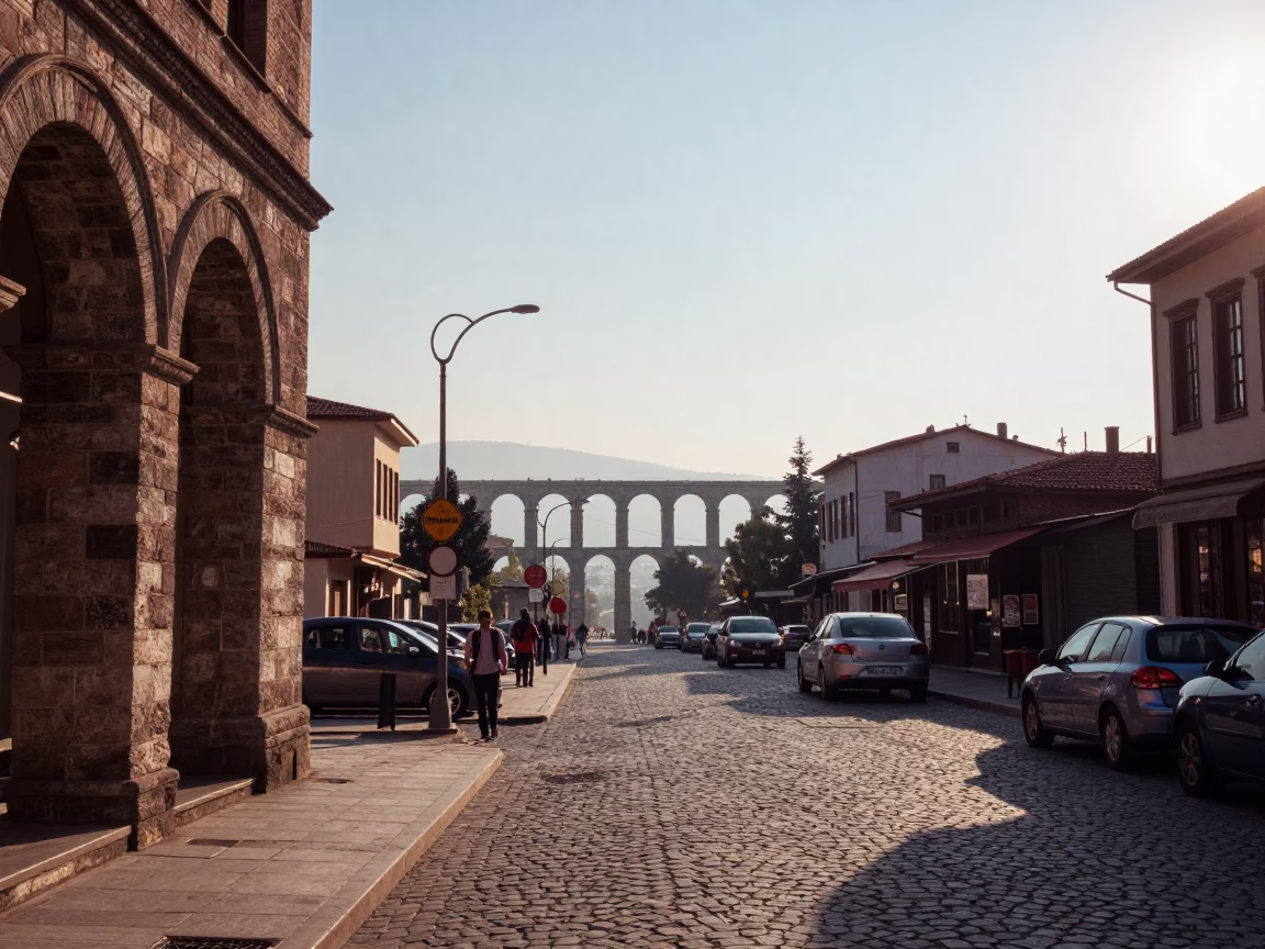 Izmir Turkey Late Afternoon Street Scene with Aqueduct Haze and Local Market Life in in Izmir, Turkey