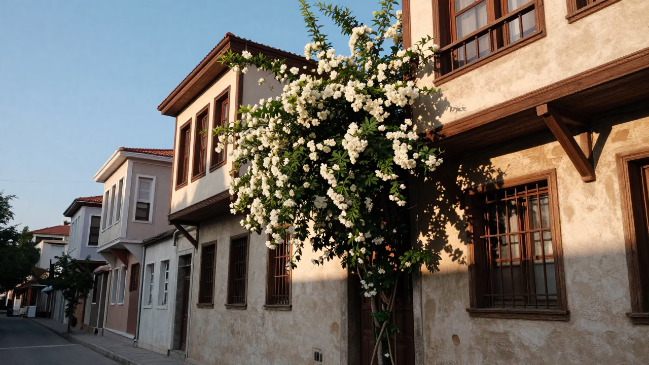 Izmir Turkey Late Afternoon Street Scene with Climbing Jasmine and Rusty Lamp in in Izmir, Turkey