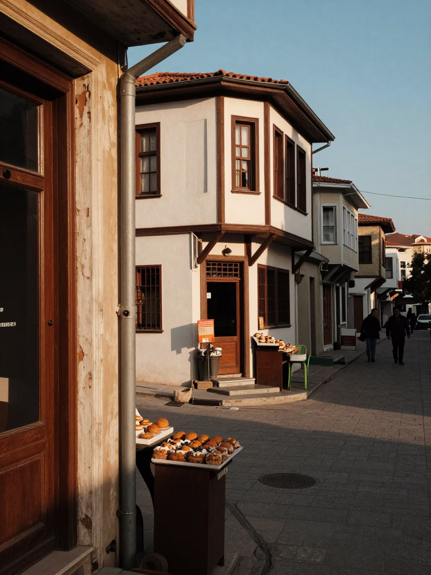 Izmir Turkey Late Afternoon Street Scene with Doorframe and Pastries in in Izmir, Turkey