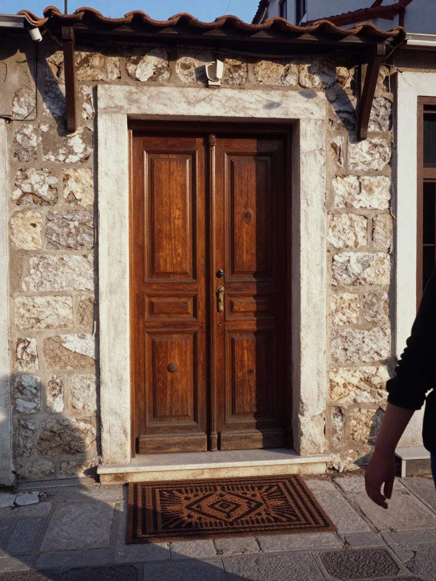 Izmir Turkey Late Afternoon Street Scene with Doormat and Hand Broom in in Izmir, Turkey