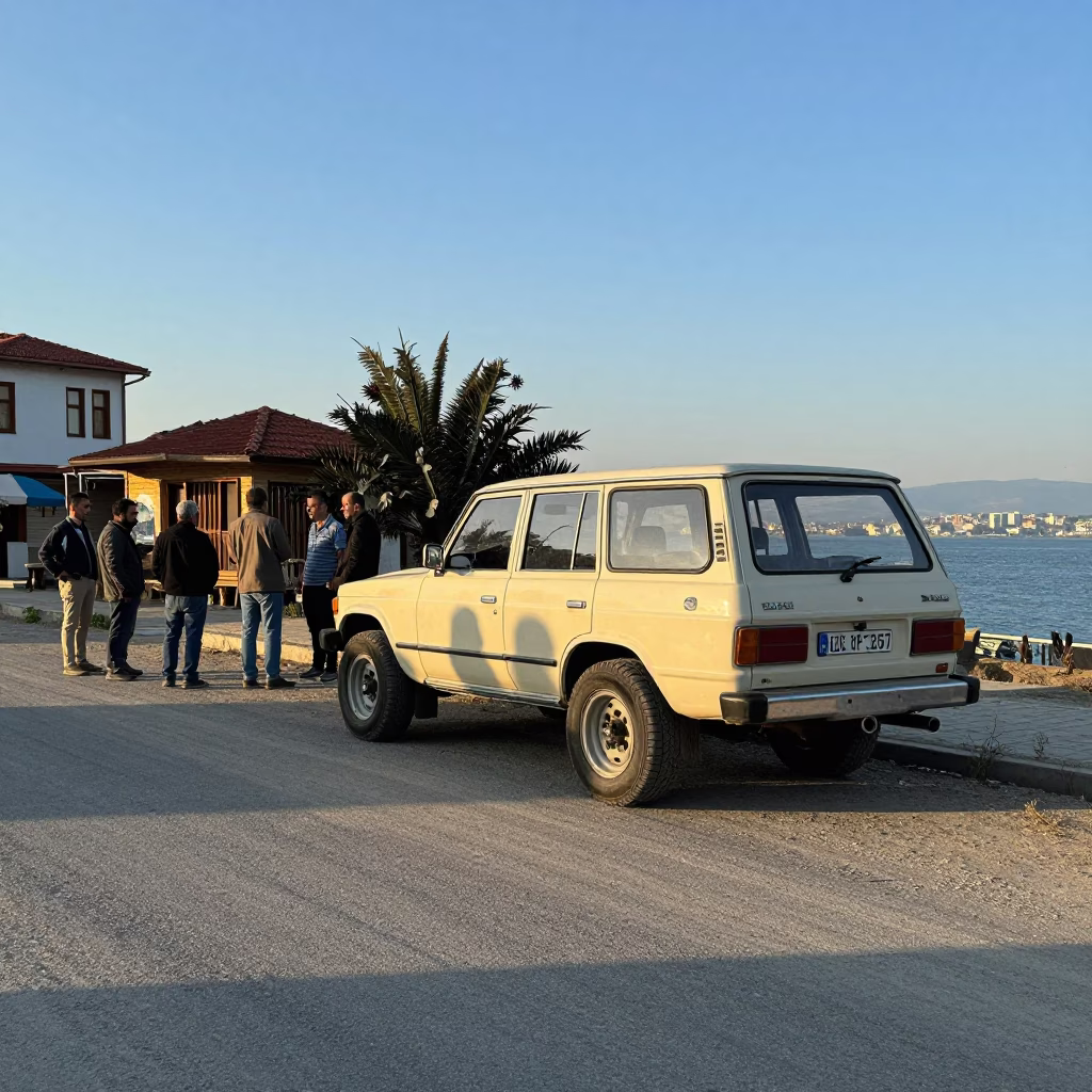 Izmir Turkey Late Afternoon Street Scene with Vintage SUV and Local Interaction in in Izmir, Turkey