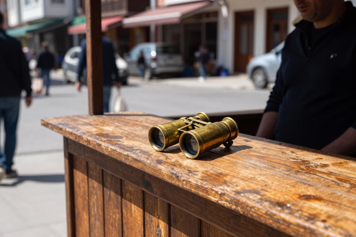 Izmir Turkey Midday Street Scene with Brass Telescope and Vintage Tin Box in in Izmir, Turkey