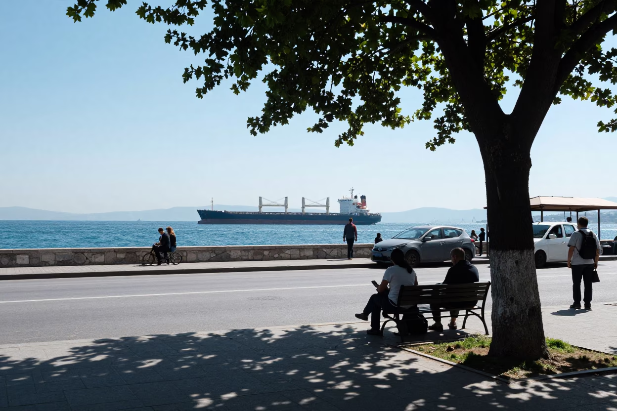 Izmir Turkey Midday Street Scene with Cargo Ship Horizon and Tree Shade in in Izmir, Turkey