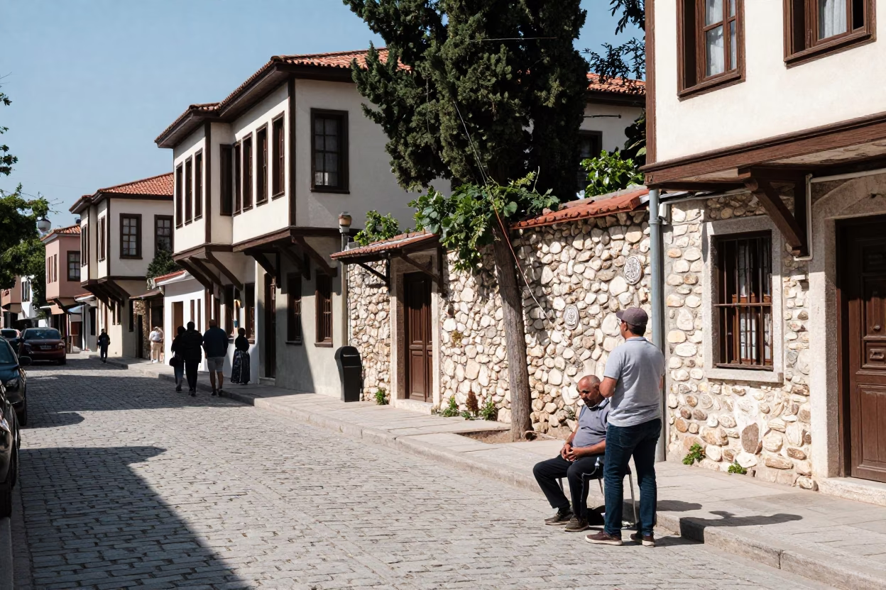 Izmir Turkey Midday Street Scene with Kite Reel and Cypress Trees in in Izmir, Turkey