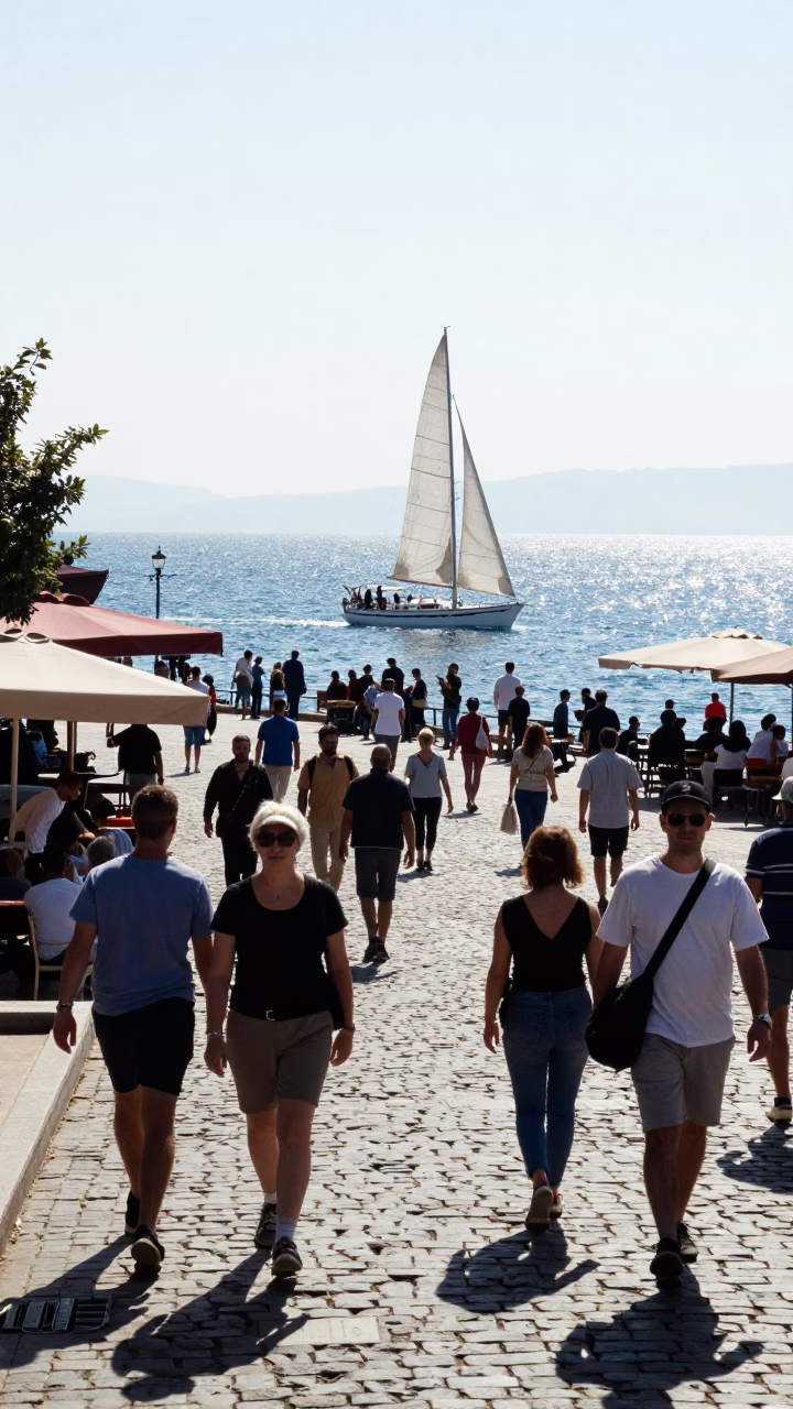 Izmir Turkey Midmorning Street Scene with Sailboat and Local Life in in Izmir, Turkey