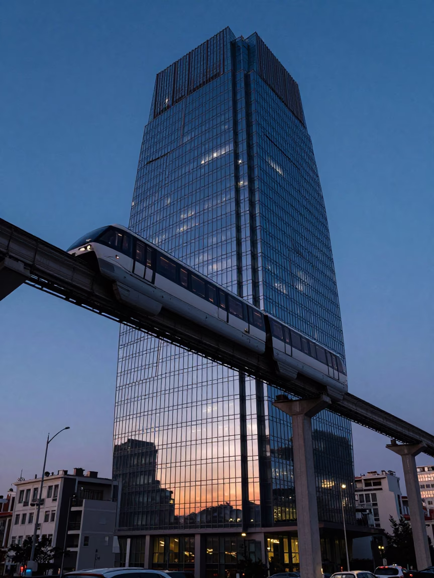 Izmir Turkey Monorail Reflection in Glass Skyscraper During Indigo Twilight in in Izmir, Turkey
