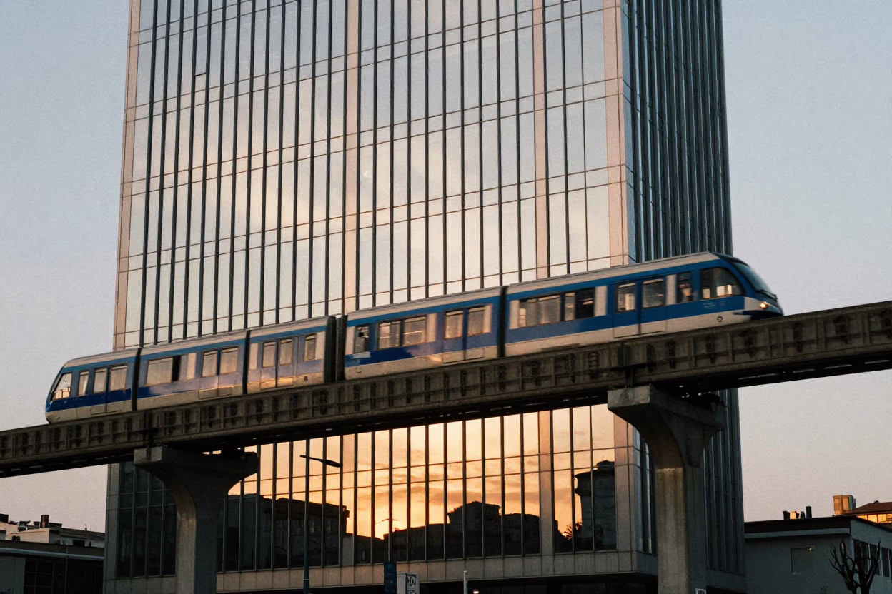 Izmir Turkey Morning Light Reflections on Glass Skyscraper with Monorail in in Izmir, Turkey