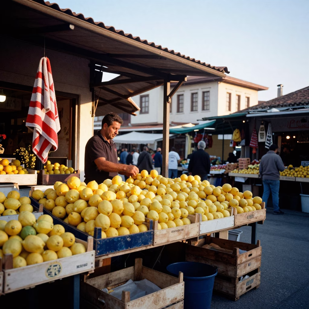 Izmir Turkey Morning Market Scene with Lemons and Striped Towel at Sunrise in in Izmir, Turkey