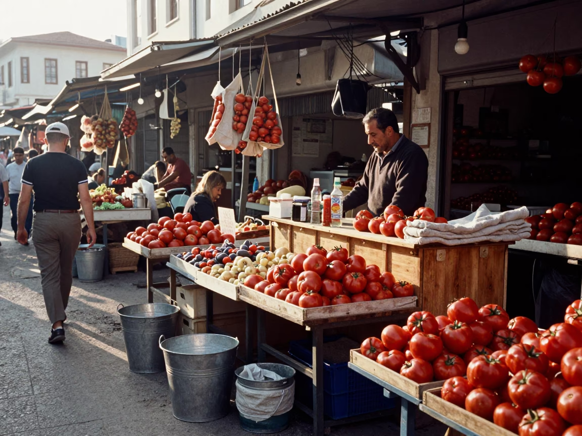 Izmir Turkey Morning Market Scene with Metal Bucket and Linen Fringe at First Light in in Izmir, Turkey