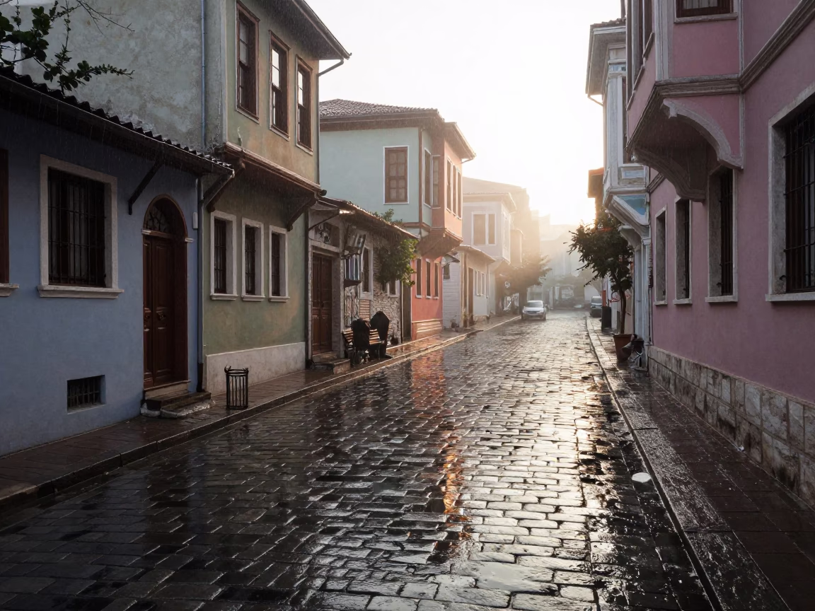 Izmir Turkey Morning Rain Wet Cobblestone Street Reflections in in Izmir, Turkey