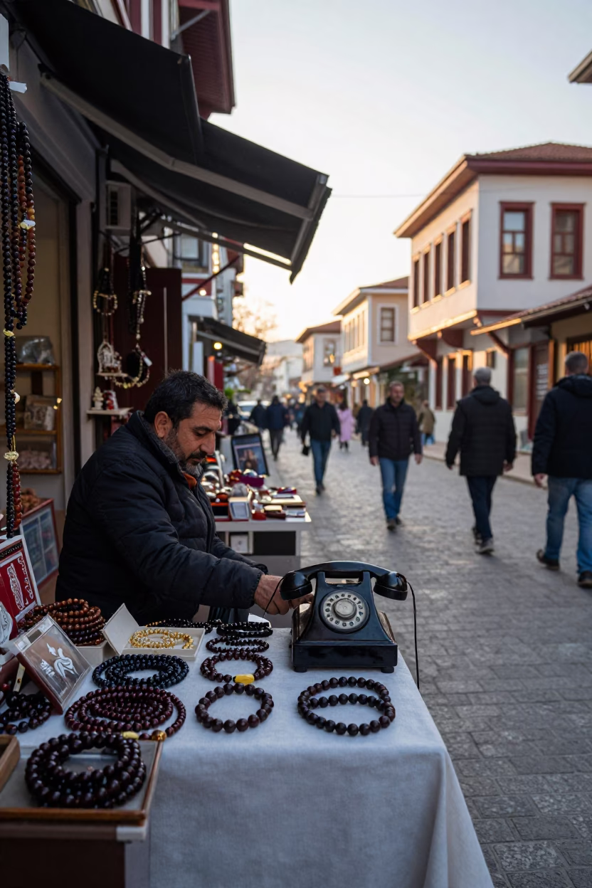 Izmir Turkey Morning Street Scene with Prayer Beads and Vintage Rotary Cutter in in Izmir, Turkey