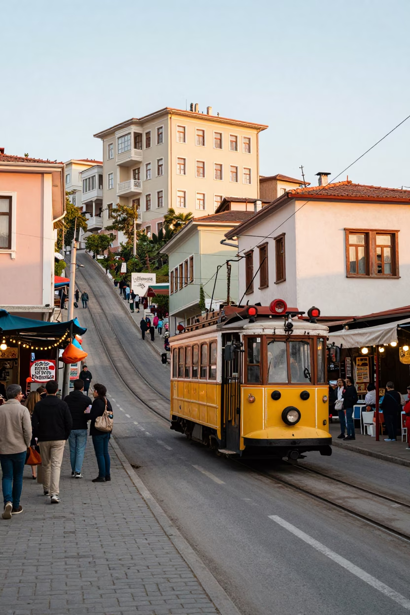 Izmir Turkey Morning Street Scene with Tram and Local Market Activity in in Izmir, Turkey