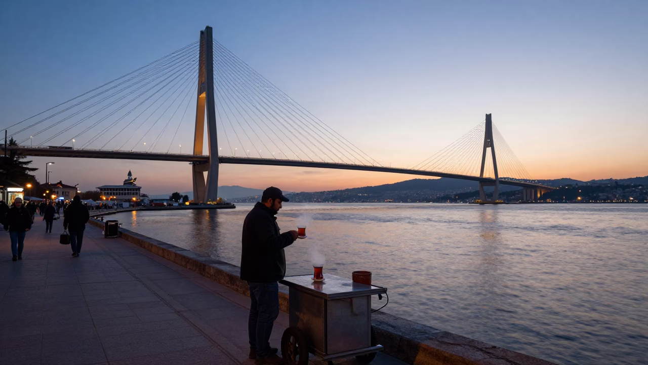 Izmir Turkey Nautical Dawn Cable Stayed Bridge Illuminated Harbor Street Scene in in Izmir, Turkey