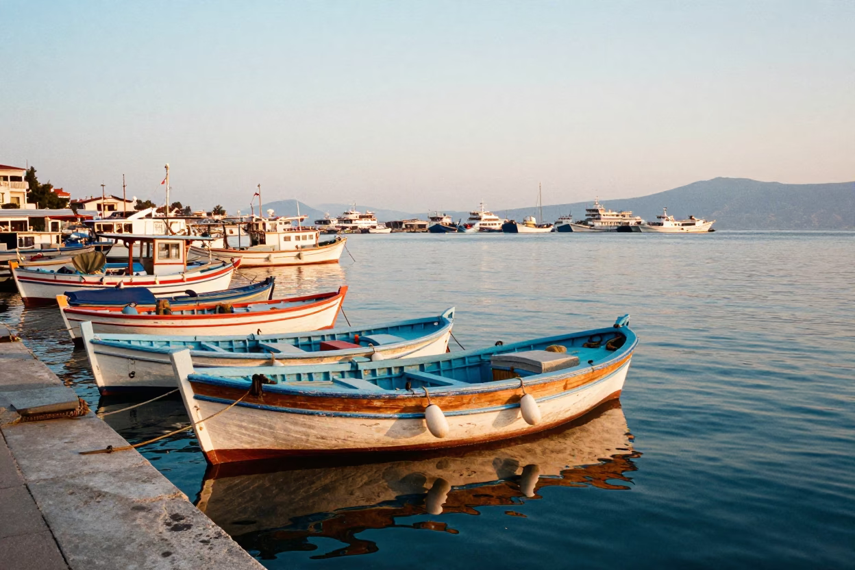 Izmir Turkey Nautical Dawn Harbor Scene with Colorful Fishing Boats and Local Street Life in in Izmir, Turkey