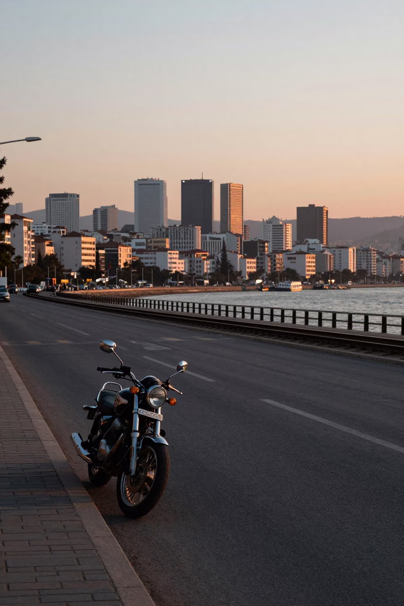 Izmir Turkey Nautical Dawn Street Scene with Motorcycle and Railway Viaduct in in Izmir, Turkey