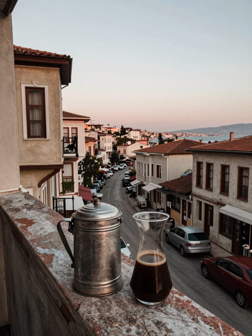 Izmir Turkey Nautical Dawn Street Scene with Tiffin Tin and Carafe on Balcony in in Izmir, Turkey