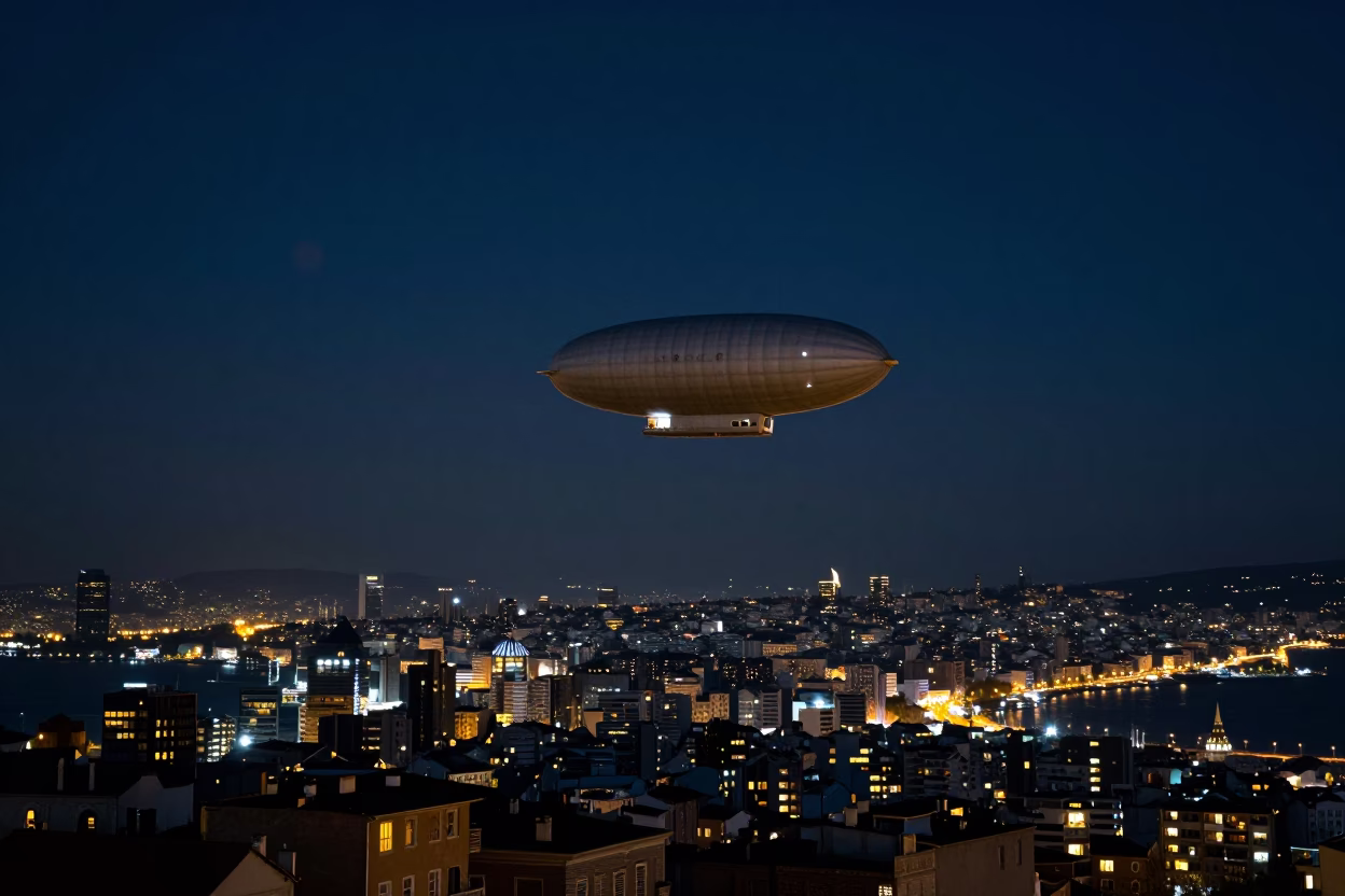 Izmir Turkey Night Sky Zeppelin Airship Over City Skyline 1960s Realistic Photography in in Izmir, Turkey