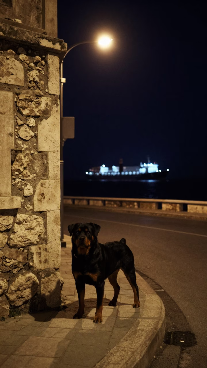 Izmir Turkey Night Street Scene With Cargo Ship Horizon And Rottweiler in in Izmir, Turkey