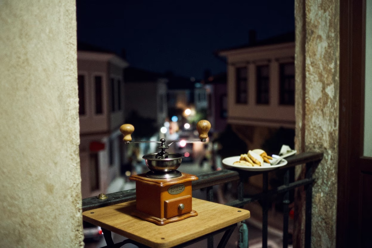 Izmir Turkey Night Street Scene with Coffee Grinder and Pastry Brush on Balcony in in Izmir, Turkey
